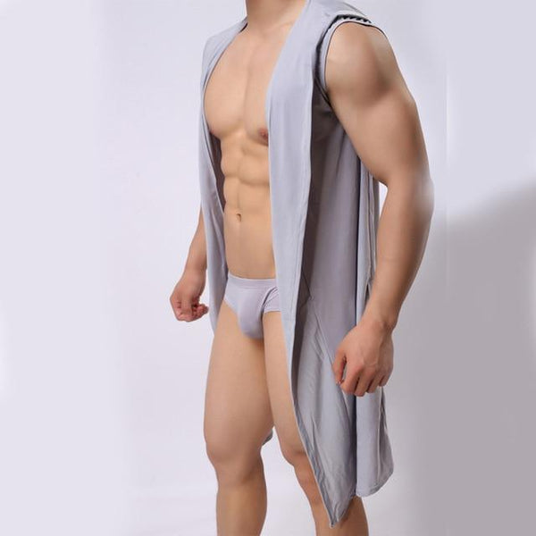 Sexy Summer Ice Silk Gown Men's Bathrobe Men Hooded Robes Homme Solid Bath Robe Club Man Gown Roupao Gay Ice Silk Hooded Pajamas
