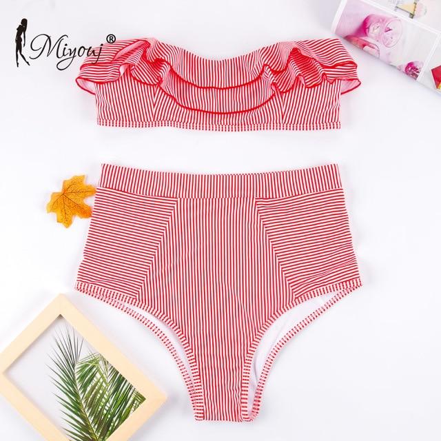 Zrtak Ruffle Bikini Bandeau Print Bandage Swimsuit Women Off Shoulder Swimwear Female  Backless Beachwear  Brazilian Bikini Set