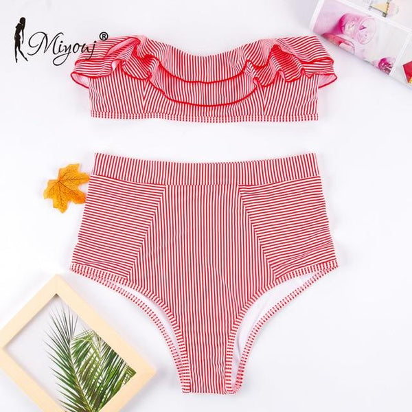 Zrtak Ruffle Bikini Bandeau Print Bandage Swimsuit Women Off Shoulder Swimwear Female  Backless Beachwear  Brazilian Bikini Set