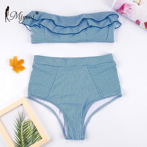 Zrtak Ruffle Bikini Bandeau Print Bandage Swimsuit Women Off Shoulder Swimwear Female  Backless Beachwear  Brazilian Bikini Set