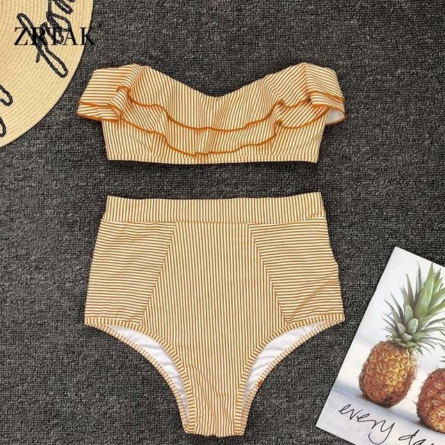 Zrtak Ruffle Bikini Bandeau Print Bandage Swimsuit Women Off Shoulder Swimwear Female  Backless Beachwear  Brazilian Bikini Set