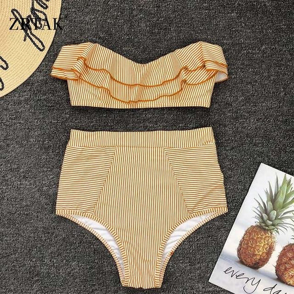 Zrtak Ruffle Bikini Bandeau Print Bandage Swimsuit Women Off Shoulder Swimwear Female  Backless Beachwear  Brazilian Bikini Set