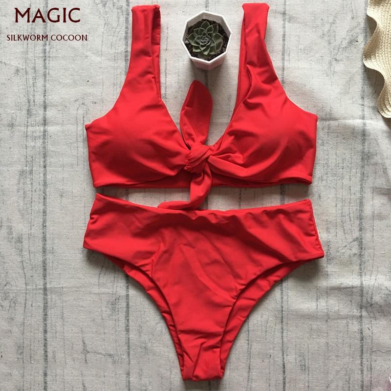 New Bowknot High Waist Solid Red Pink Bikini Set Women Swimsuit Ladies Bathing Suit For Female Swimswear Beach Swimming Suit