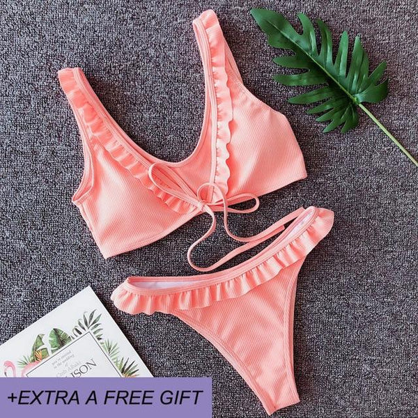 New Bowknot High Waist Solid Red Pink Bikini Set Women Swimsuit Ladies Bathing Suit For Female Swimswear Beach Swimming Suit