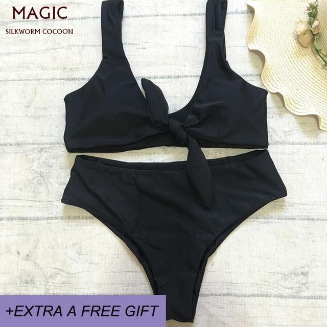 New Bowknot High Waist Solid Red Pink Bikini Set Women Swimsuit Ladies Bathing Suit For Female Swimswear Beach Swimming Suit