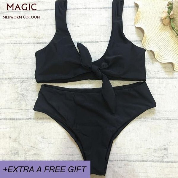 New Bowknot High Waist Solid Red Pink Bikini Set Women Swimsuit Ladies Bathing Suit For Female Swimswear Beach Swimming Suit