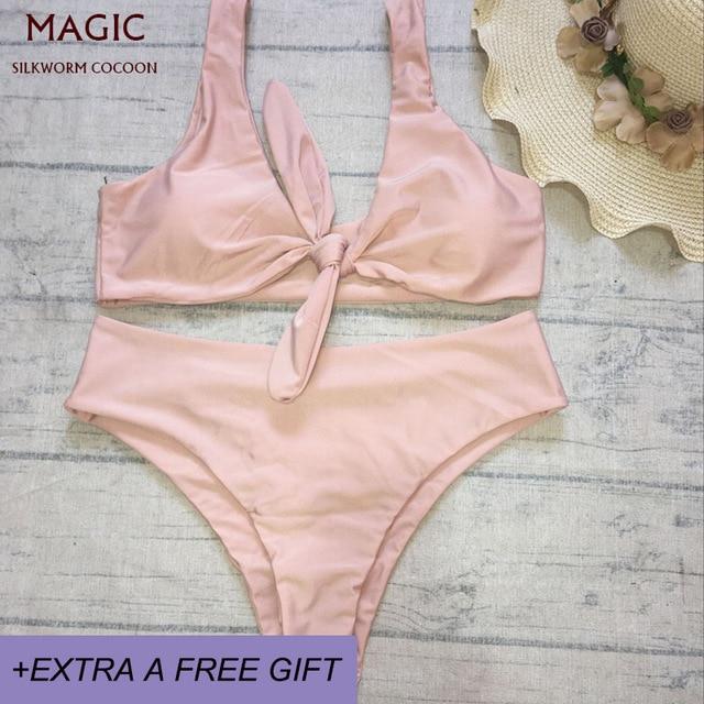 New Bowknot High Waist Solid Red Pink Bikini Set Women Swimsuit Ladies Bathing Suit For Female Swimswear Beach Swimming Suit