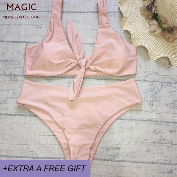 New Bowknot High Waist Solid Red Pink Bikini Set Women Swimsuit Ladies Bathing Suit For Female Swimswear Beach Swimming Suit
