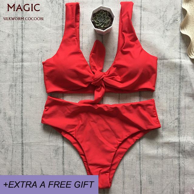 New Bowknot High Waist Solid Red Pink Bikini Set Women Swimsuit Ladies Bathing Suit For Female Swimswear Beach Swimming Suit