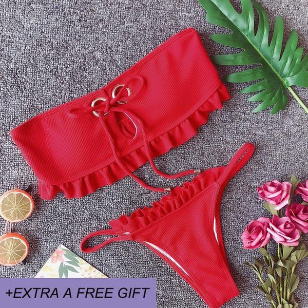 New Bowknot High Waist Solid Red Pink Bikini Set Women Swimsuit Ladies Bathing Suit For Female Swimswear Beach Swimming Suit