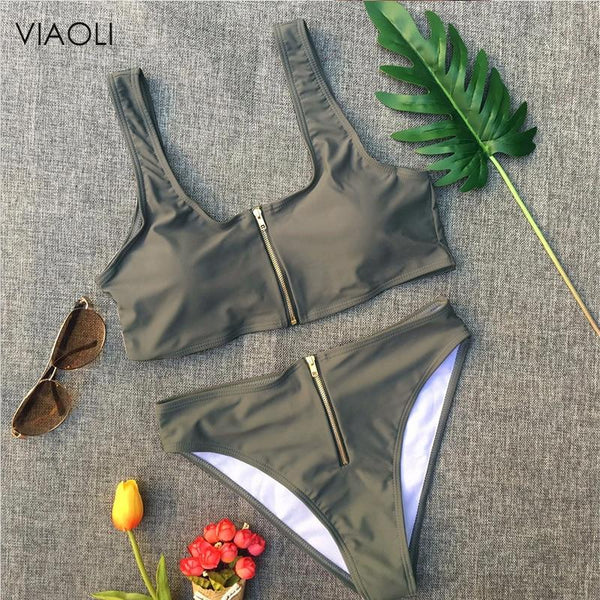 6 colors swimwear women 2018 new sexy Ladies solid color high waist top &bottom zipper swimsuit beach swimming suit Female Girl