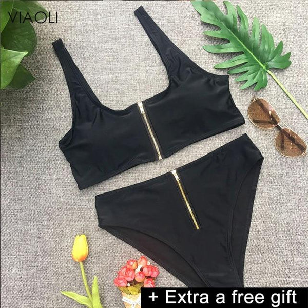 6 colors swimwear women 2018 new sexy Ladies solid color high waist top &bottom zipper swimsuit beach swimming suit Female Girl