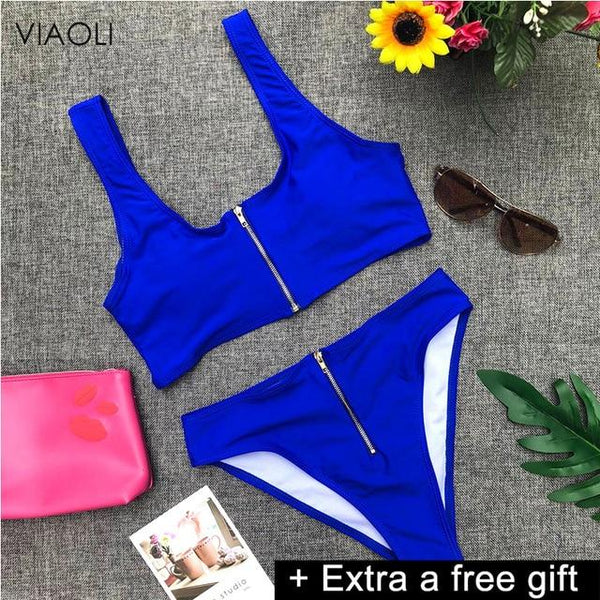 6 colors swimwear women 2018 new sexy Ladies solid color high waist top &bottom zipper swimsuit beach swimming suit Female Girl