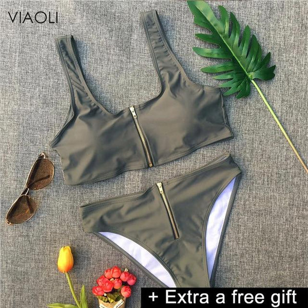 6 colors swimwear women 2018 new sexy Ladies solid color high waist top &bottom zipper swimsuit beach swimming suit Female Girl