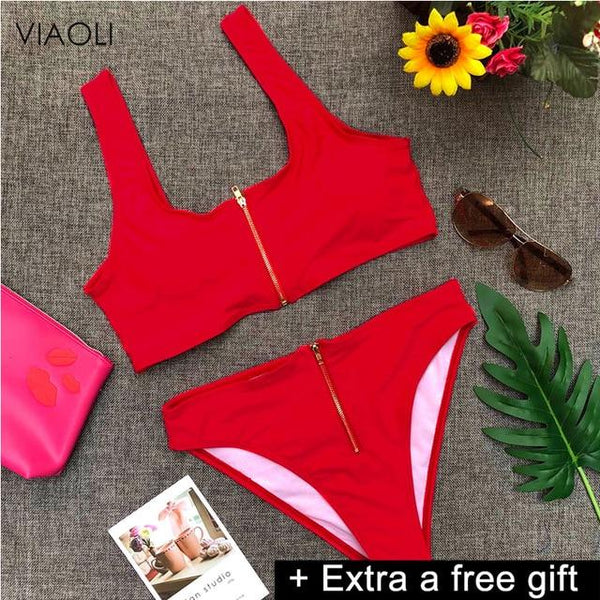 6 colors swimwear women 2018 new sexy Ladies solid color high waist top &bottom zipper swimsuit beach swimming suit Female Girl