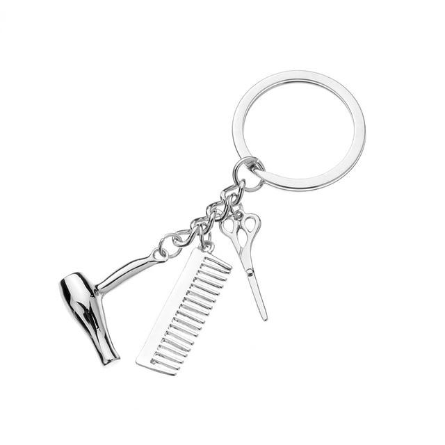 Cosmetologist Hair Dresser Silver Keychain Hair Dryer Scissor Comb Dangle Pendant Key Chain Car Ornament Accessories