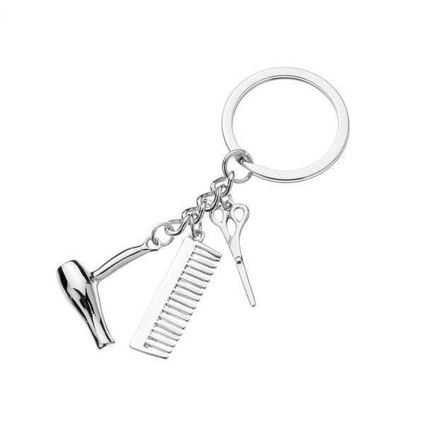 Cosmetologist Hair Dresser Silver Keychain Hair Dryer Scissor Comb Dangle Pendant Key Chain Car Ornament Accessories